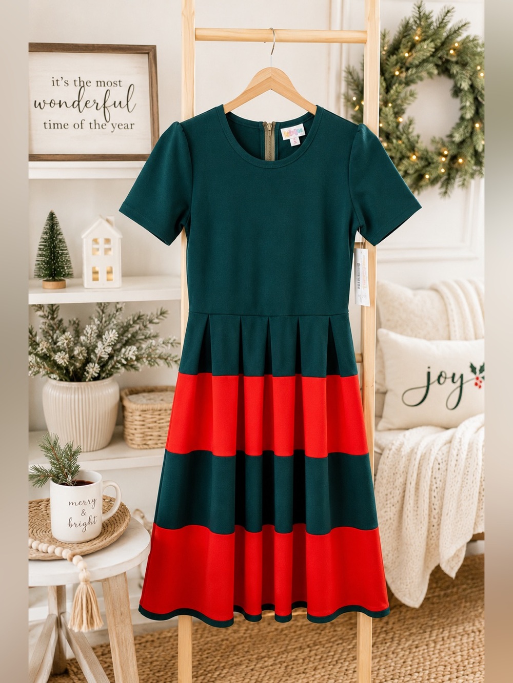NWT LuLaRoe Nicole Dress Small Navy Green/Orange Fit & Flare & Pockets & Zip